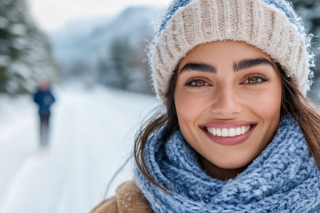 Woman smiling to camera wearing winter hat and scarf in snowの素材