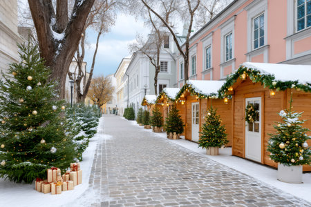 Festive wooden stalls decorated with lights and trees on a winter dayの素材