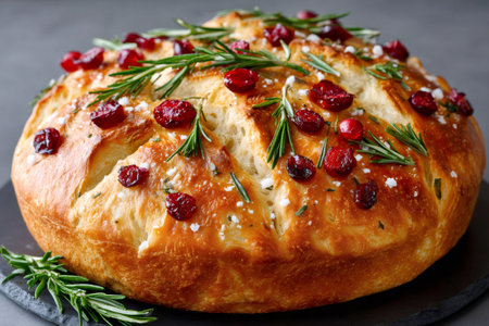 Homemade bread loaf featuring cranberries, fresh rosemary, and sea salt on a dark stone surfaceの素材