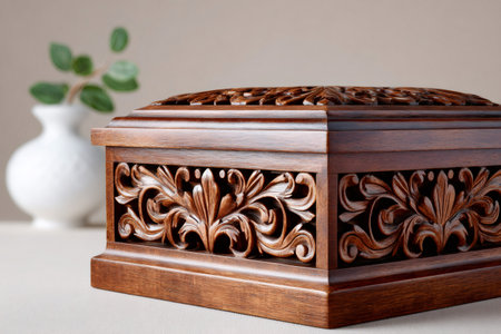 Ornate carved wooden box showcasing intricate floral patterns on its side panels and lidの素材