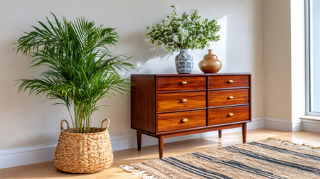 Stylish living room interior showing a wooden dresser, houseplant, and decorative vasesの素材