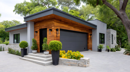 Contemporary house featuring gray stucco, cedar planks, garage, landscaping elements, and paved drivewayの素材