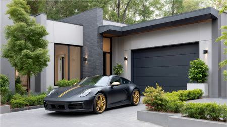 Matte black Porsche 911 with gold wheels parked on a modern home drivewayの素材