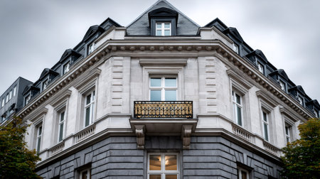 Old stone architecture featuring a prominent corner, mansard roof, and ornate balconyの素材