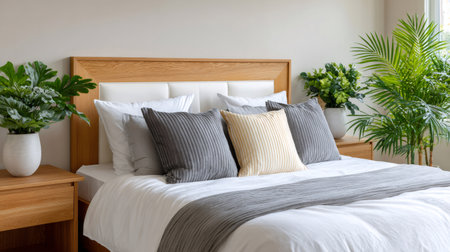 Bright bedroom featuring a wooden bed, white bedding, and green house plants creating a relaxing spaceの素材