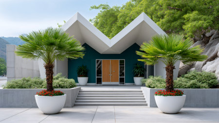 Modern architectural entrance featuring teal walls and a distinctive roofline with symmetrical palm treesの素材