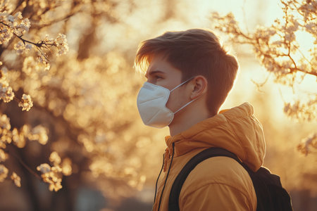 Young man wearing a face mask while standing outdoors among blooming trees at sunsetの素材