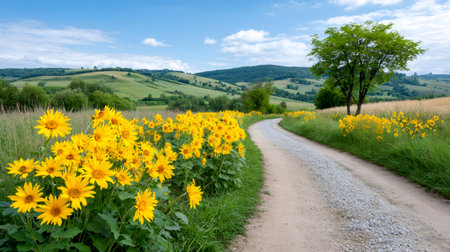 Sunflowers blooming alongside an unpaved road with green rolling hills in a rural landscapeの素材