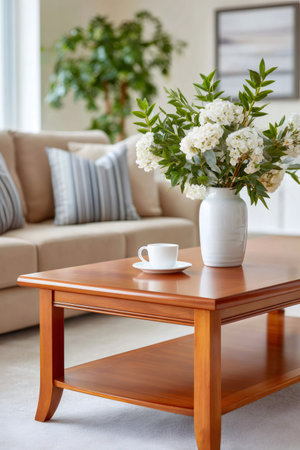 Living room coffee table holding white flowers and a coffee cup, creating a cozy home atmosphereの素材