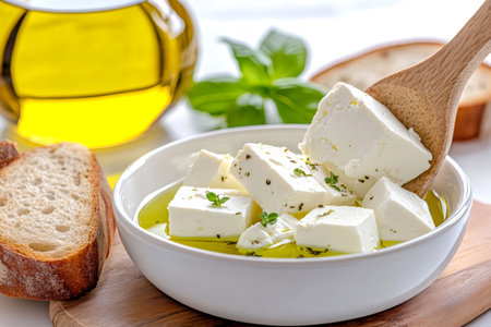 Feta cheese cubes with herbs and olive oil in a bowl, served with breadの素材