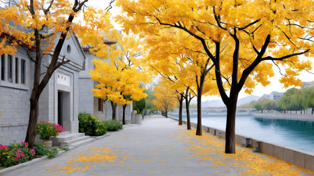 Scenic urban pathway along canal with traditional building and golden autumn tree foliageの素材