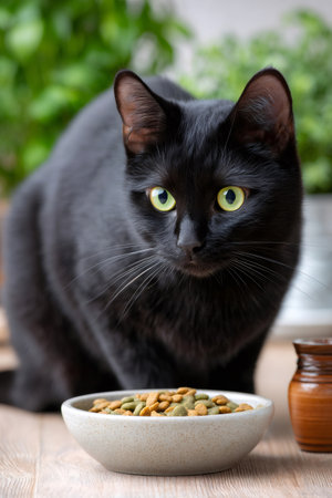 Domestic feline with green eyes looking intently at dry kibble in a bowlの素材