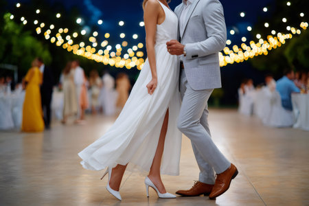 Couple dancing together on a floor illuminated by string lights at an outdoor eventの素材