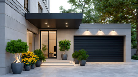 Elegant modern house exterior showcasing contemporary architecture, plants, and ambient lightingの素材