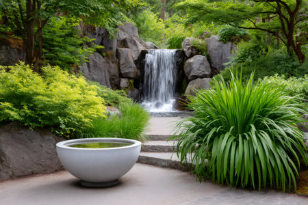 Japanese garden features a cascading waterfall, lush greenery, and a reflective stone bowlの素材