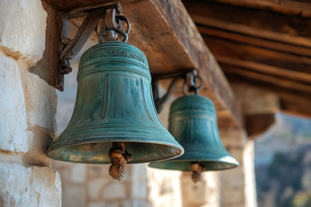 Two antique verdigris bells hanging from a wooden beam near a stone wallの素材