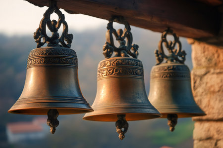 Old bronze church bells hanging ringing traditionの素材