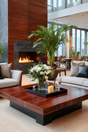 Elegant hotel lobby featuring a contemporary fireplace, comfortable seating, and fresh flowers on a coffee tableの素材