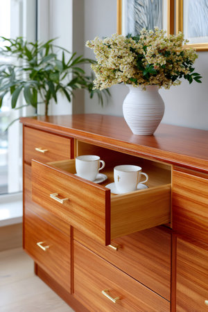 Wooden sideboard with an open drawer revealing teacups, flowers in a vase on topの素材