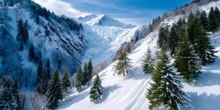 Majestic mountain glacier surrounded by snow-covered fir trees on a sunny winter dayの素材