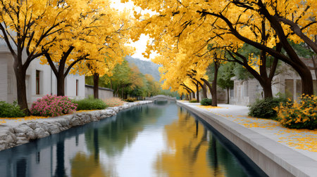 Canal flowing through a park area lined with golden autumn trees and stone buildingsの素材