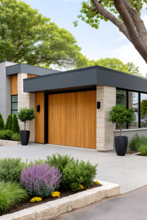 Contemporary house entrance with stone cladding, landscaping, and paved drivewayの素材
