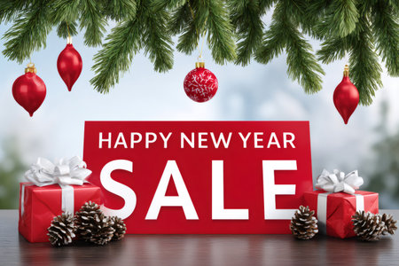 Red happy New Year sale sign surrounded by gifts, pine cones, and Christmas decorationsの素材