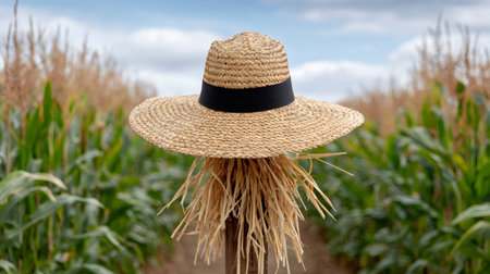 Scarecrow with straw hat standing in a vast green cornfield under a blue skyの素材