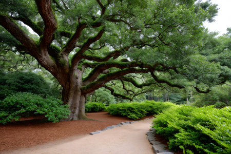 Ancient oak tree branches spreading over a curved walking path in a tranquil beautiful parkの素材