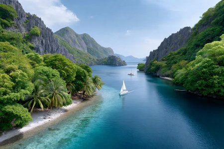 Sailboat navigating clear turquoise water among dramatic limestone cliffs and lush green islandsの素材