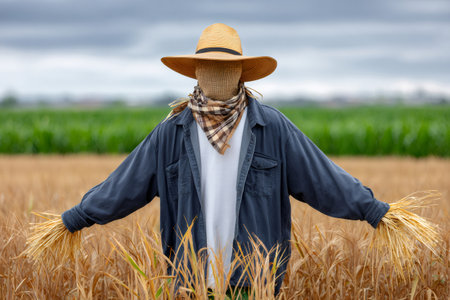 Scarecrow standing in a golden wheat field under a cloudy skyの素材