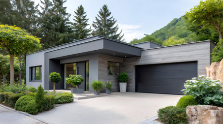 Contemporary residential house featuring a sleek design, landscaped garden, and surrounding natureの素材