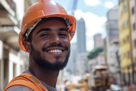 Young man wearing a hard hat and safety vest smiling at the cameraの素材