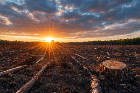 Tree stump in a deforested landscape showing environmental destruction and a beautiful sunsetの素材