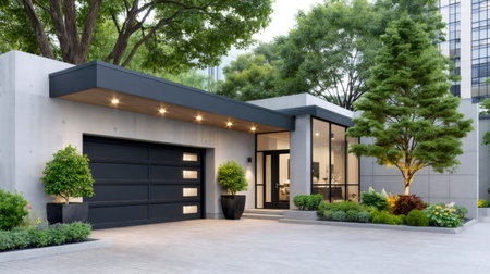 Contemporary residential building showcasing luxury architecture, driveway, and green gardenの素材