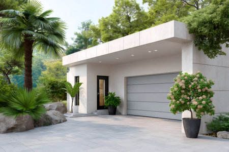 Modern residential building featuring a gray garage door, paved driveway, and vibrant green landscapingの素材