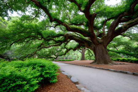 Angel Oak, a large Southern live oak, showcasing ancient branches over a park pathの素材