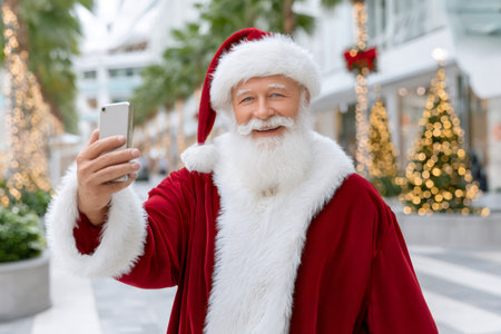 Santa Claus smiling and taking a selfie with a mobile phone during holidaysの素材