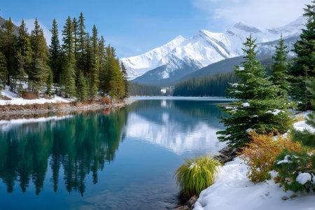 Lake Louise reflecting snow covered pine forest and Canadian Rocky Mountains under a blue skyの素材