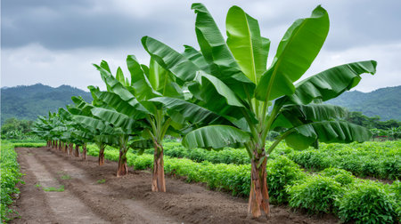 Banana trees growing in a cultivated agricultural fieldの素材