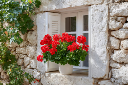 Red geraniums blooming in a white pot on a rustic window sill of a stone houseの素材