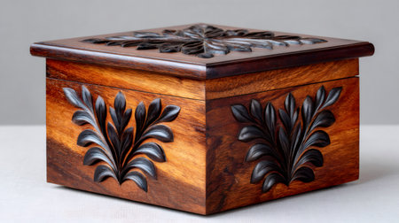 Wooden box showcasing intricate floral carvings, a perfect handmade keepsakeの素材