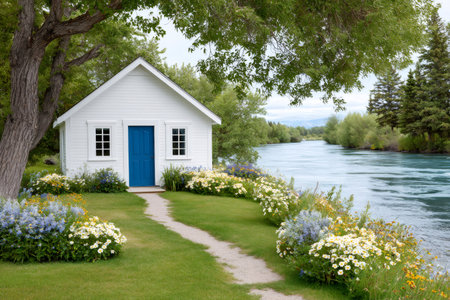 White cottage with a blue door nestled by a peaceful river, surrounded by blooming flowersの素材