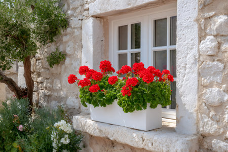 Red geranium flowers blooming in a white planter on a weathered stone window sillの素材