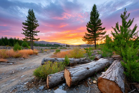 Sunset over a clear-cut forest area showing felled logs and young trees growingの素材