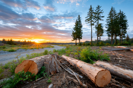 Felled logs and tree stumps foregrounding a clear-cut forest during environmental deforestationの素材
