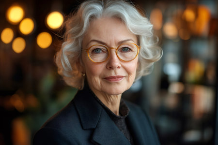 Elegant mature woman looking at camera with a warm, friendly expressionの素材