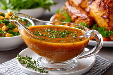 Rich brown gravy in a glass boat with fresh herbs, ready for a feastの素材