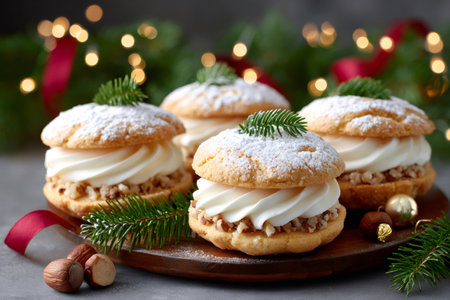 Festive Christmas pastries filled with whipped cream and crushed hazelnuts, sprinkled with powdered sugarの素材