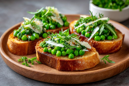 Green pea bruschetta served on a wooden plate, offering a fresh healthy appetizerの素材